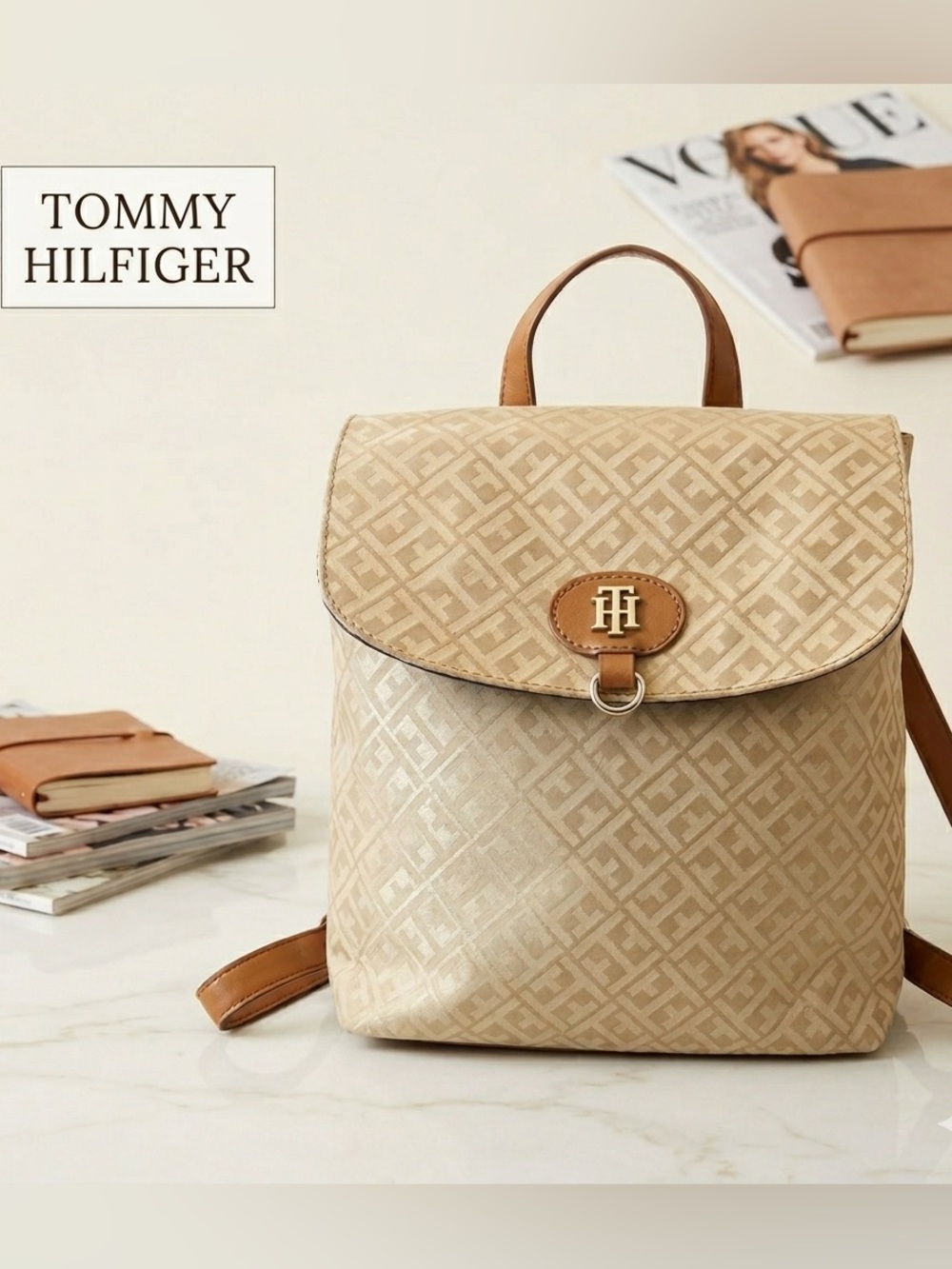 Tommy Hilfiger Signature ‎ Logo Backpack With Vegan Leather Trim | 12" X 10" - Picture 14 of 16